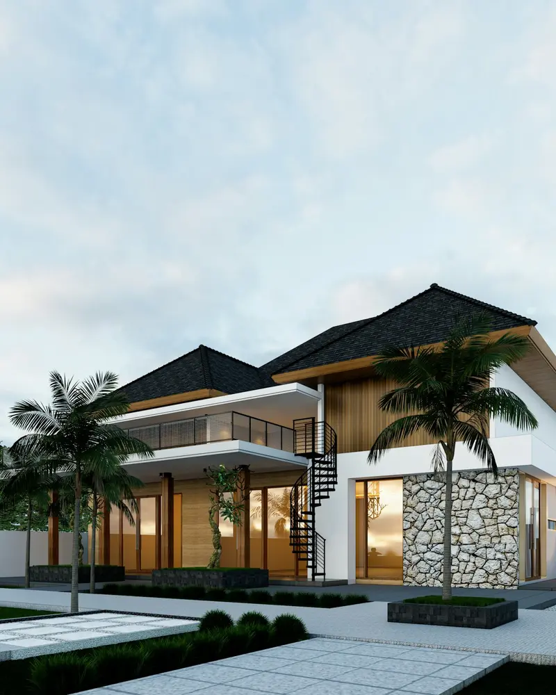 Detached house with a hipped roof and large windows, framed by palm trees