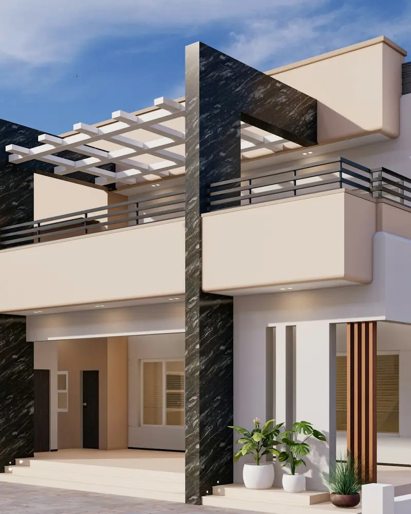 Two-storey cream duplex with a wide balcony and a gated forecourt